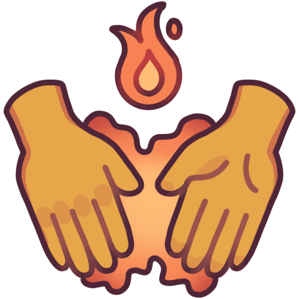 two hands held near each other, connected by an orange blob, and an orange flame above them.